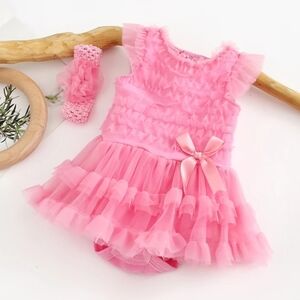 Birthday Tutu Cake Smash Romper Dress Hot Pink 2Pcs Ruffle Bow Girls Set 12-18M